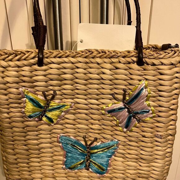 Sonoma Vintage Butterflies Straw Wicker Woven Handbag/Shoulder Purse Bag | Tan - Picture 2 of 9